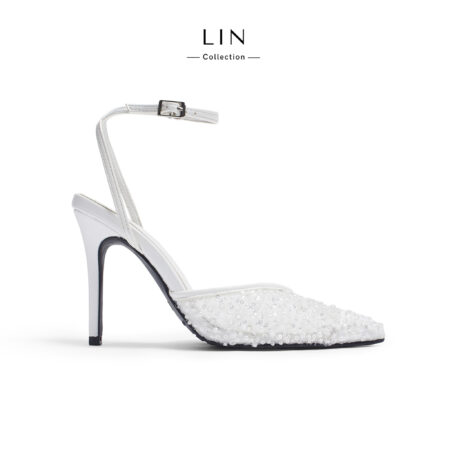 LIN61- Giày Slingback Gót Nhọn Mũi Nhọn Lấp Lánh Quai Cổ Chân White Bridal Lin Collection