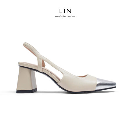 LIN38-Giày Slingback Mũi Phối Nhũ Bạc Cá Tính Thời Trang Cao 7cm