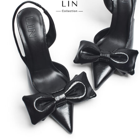 LIN80- Giày Cao Gót Slingback Nơ To LIN - Giày Nữ Mũi Nhọn Da Nhăn "Hack Dáng" Siêu Xinh (2 Màu Đen/Kem)