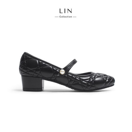 LIN58- Giày Búp Bê Nữ Mary Jane Đính Ngọc Trai Chần Ô Da Mềm Đế Bệt/Gót Vuông Lin Collection