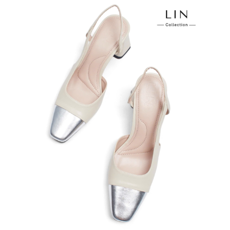 LIN38-Giày Slingback Mũi Phối Nhũ Bạc Cá Tính Thời Trang Cao 7cm
