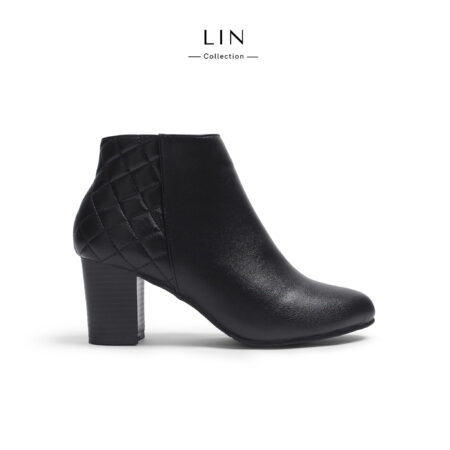 LIN65-Boot Nữ Cổ Ngắn Gót Vuông Da Mềm Phối Chần Trám – Khóa Kéo Hông Lin Collection