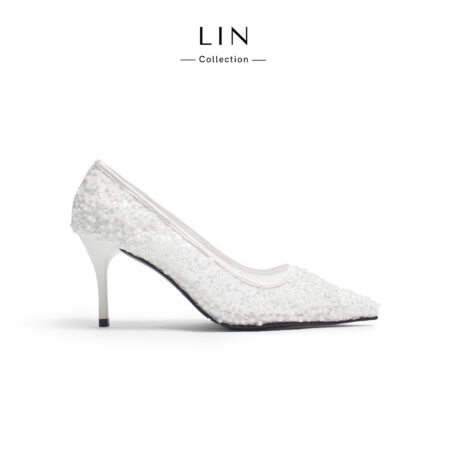 LIN76-  Giày Cao Gót Đính Ngọc Trai Lấp Lánh – Mũi Nhọn 7cm Giày Cô Dâu Đi Tiệc Sang Trọng Lin Collection