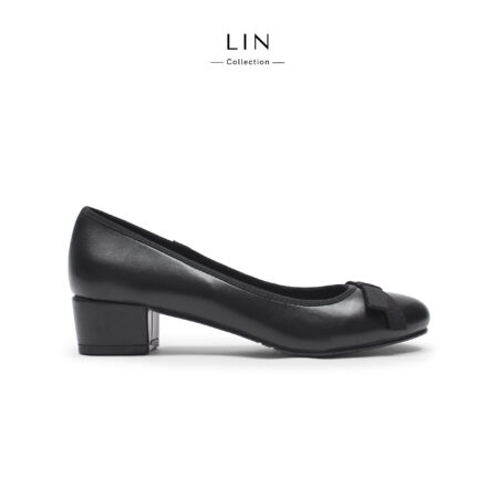 LIN30- Giày bít mũi tròn viền đen đính nơ cao 5cm Lin Collection