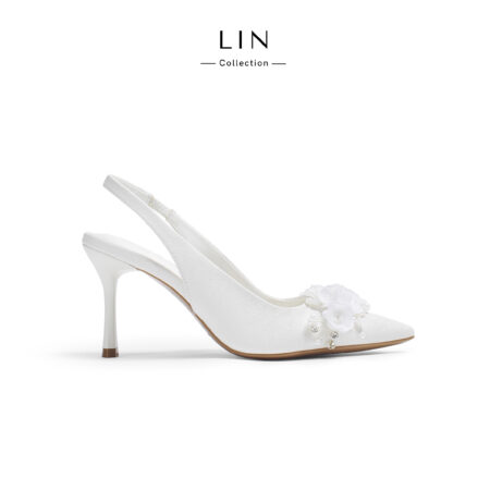 LIN62- Giày Cao Gót Cô Dâu Trắng Đính Hoa 3D Mũi Nhọn Slingback Sang Trọng Lin Collection