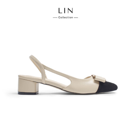 LIN77 - Giày Nữ Slingback LIN Collection Gót Thấp Mũi Vuông Phối Nơ Kim Loại Sang Trọng Cao 5cm