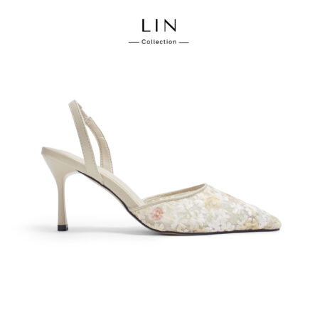 LIN100 - Giày Cao Gót Nữ LIN Collection Mũi Nhọn Phối Ren Thêu Hoa Vintage Thanh Lịch Cao 7cm