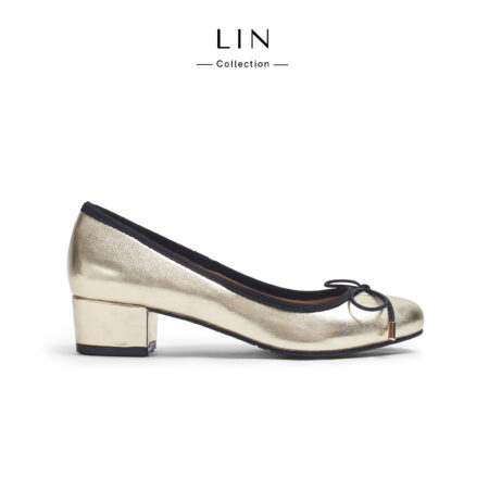LIN96 - Giày Búp Bê Nữ LIN Collection Mũi Tròn Đính Nơ Da Mềm Cao Cấp Phối Viền Thanh Lịch Cao 4cm