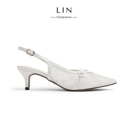 LIN98 - Giày Cao Gót Slingback LIN Collection Mũi Nhọn Phối Ren Đính Ngọc Trai Sang Trọng Cao 5cm