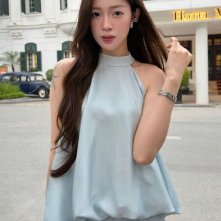 V14 - Set áo yếm lụa satin bồng kết hợp chân váy chữ A