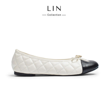 LIN111 - Giày Búp Bê Nữ LIN Collection Chần Trám Phối Mũi Đen Đính Nơ Charm Vàng Da Mềm Êm Chân