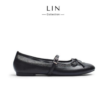 LIN112 - Giày Búp Bê Nữ LIN Collection Mary Jane Quai Ngang Đính Nơ Phối Lưới Ánh Kim Da Mềm Êm Chân
