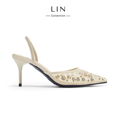 LIN114 - Giày Cao Gót Nữ LIN Collection Slingback Phối Lưới Thêu Hoa Đính Đá Đi Tiệc Siêu Tôn Dáng