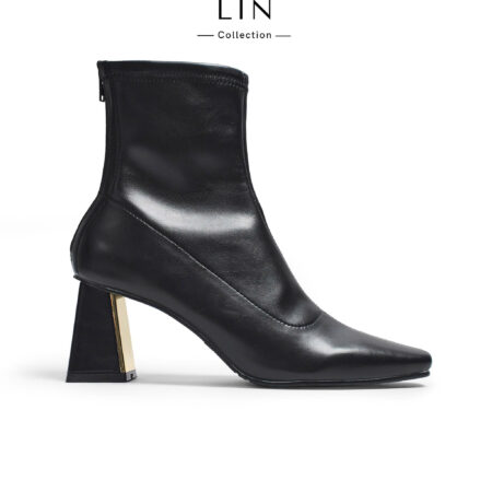 LIN126 - Giày Boot Mũi Vuông Nhỏ Gót Viền Vàng Cao 7 cm